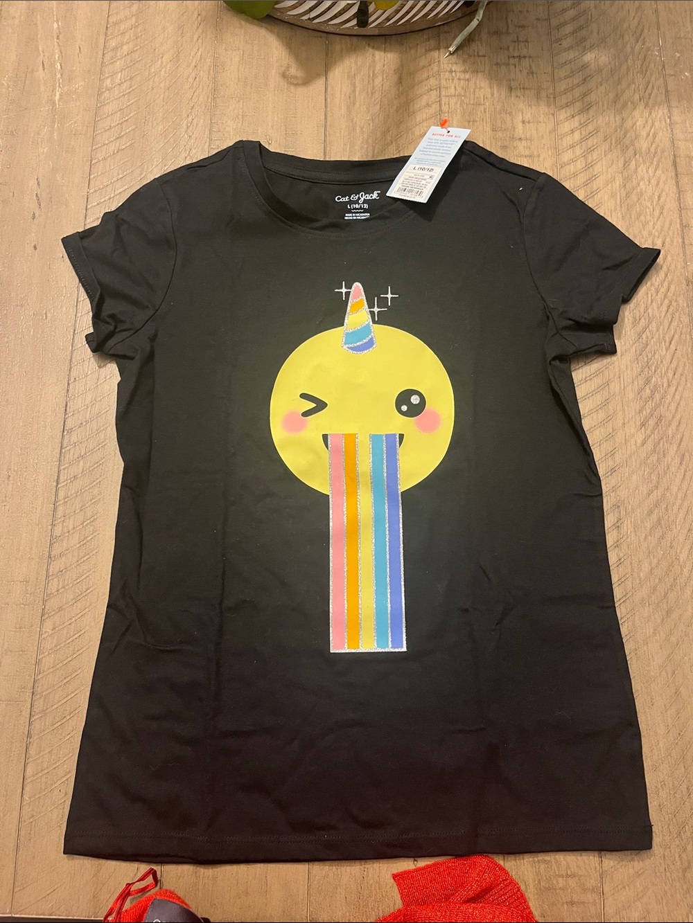 Cat & Jack Black Tee with Yellow Emoji Unicorn and Rainbow